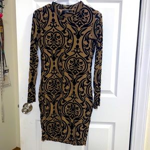Long sleeve brown and black mesh fitted dress